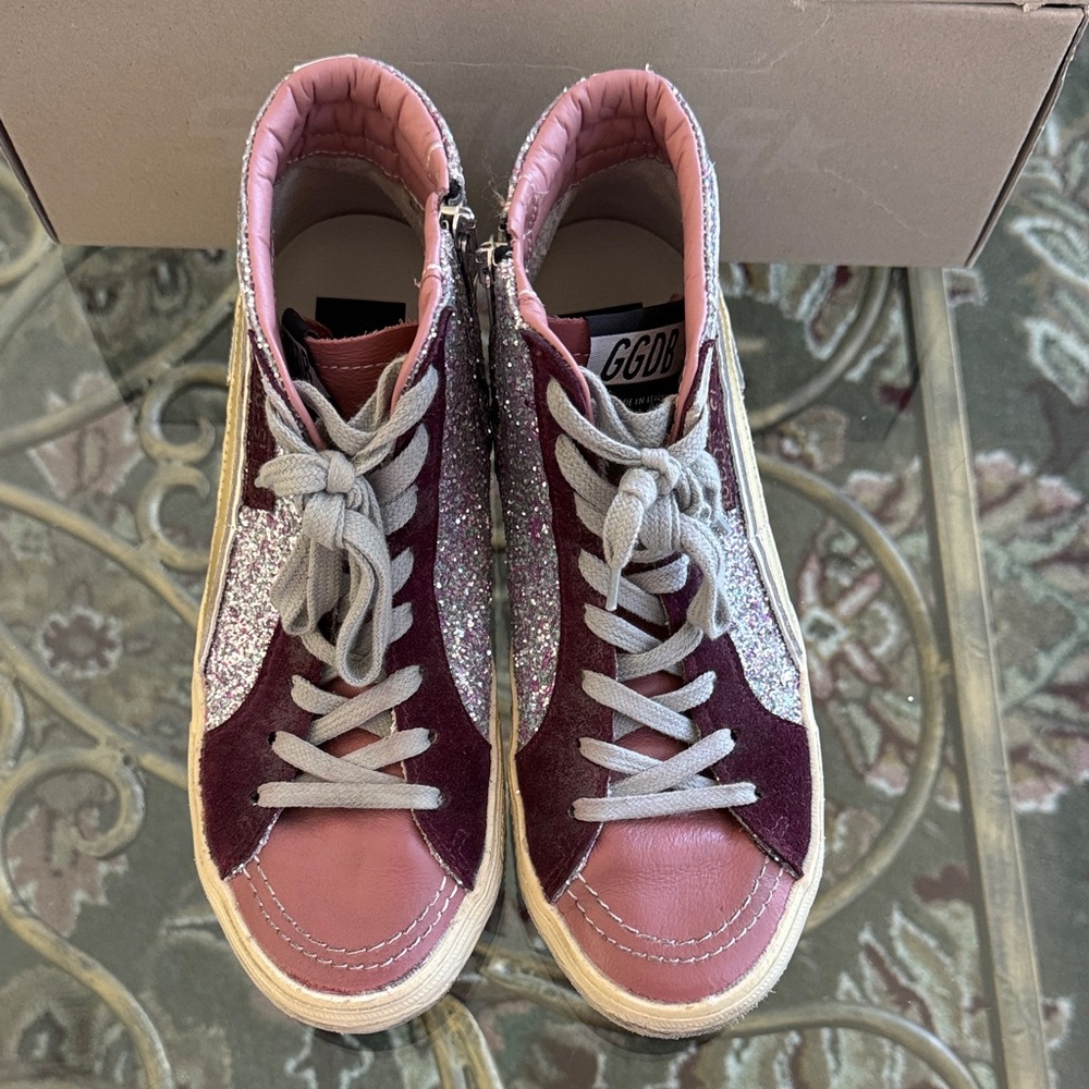BRAND NEW! Golden Goose 100% Authentic Glitter High-Top Sneakers - Pink and Gold - Picture 4 of 13